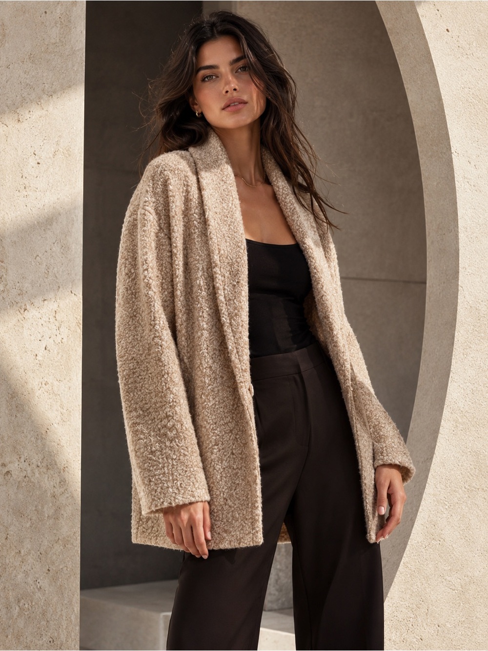 nlt NWOT Bouclé Teddy Shawl Collar Coatigan in Oatmeal Stone, Size S